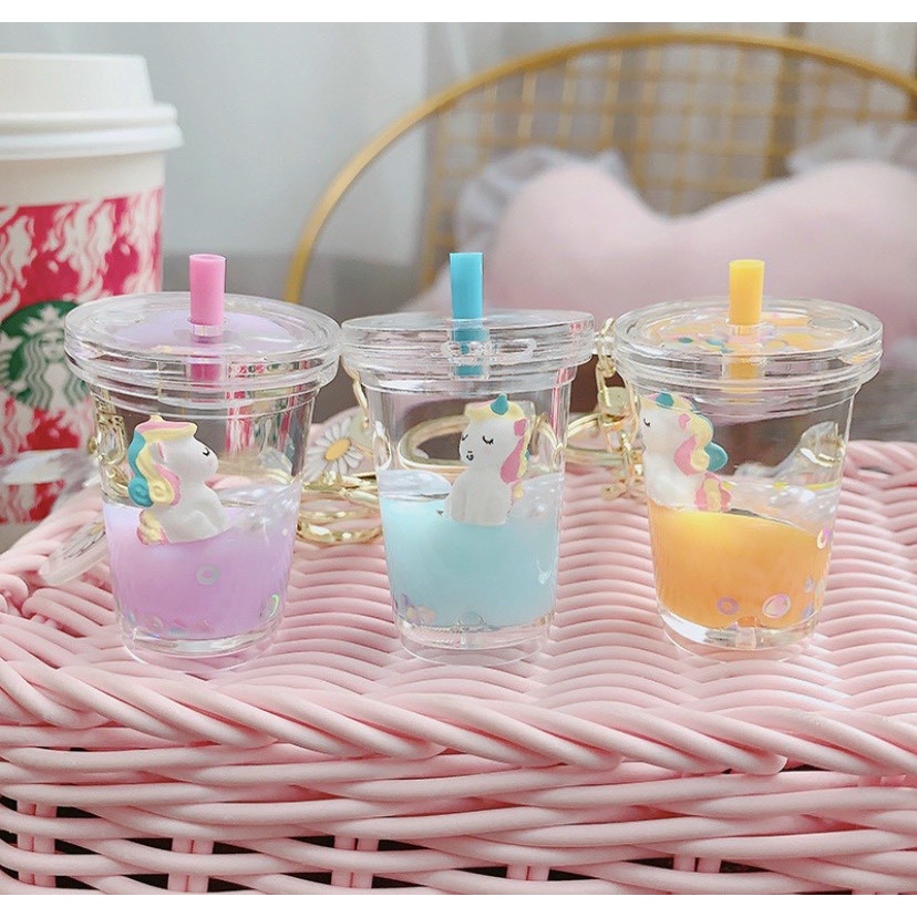 Móc khóa ly trà sữa thủy ngân hình kỳ lân siêu xinh dễ thương