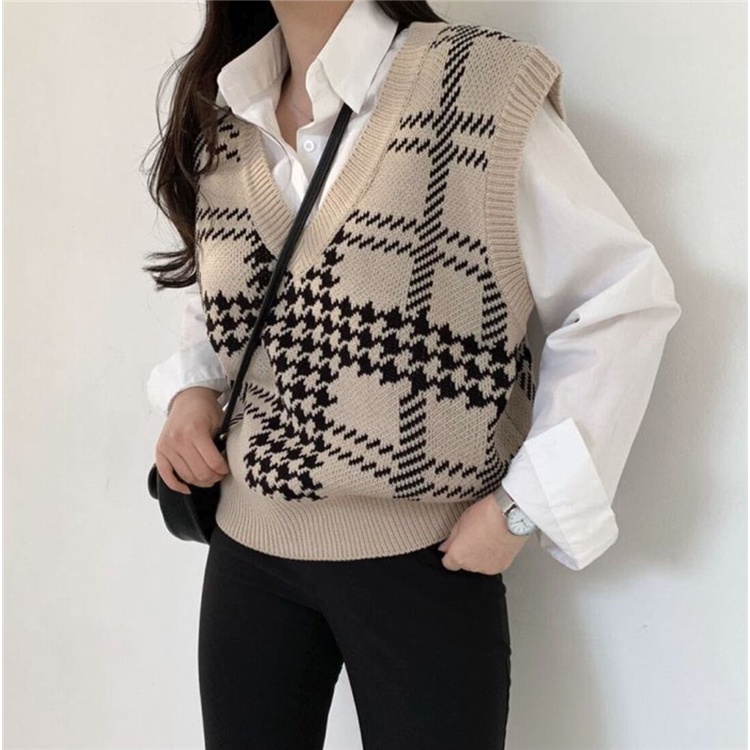 Áo len dệt kim 170138 cổ chữ V hoạ tiết kẻ sọc cỡ lớn thời trang Hàn Quốc | WebRaoVat - webraovat.net.vn
