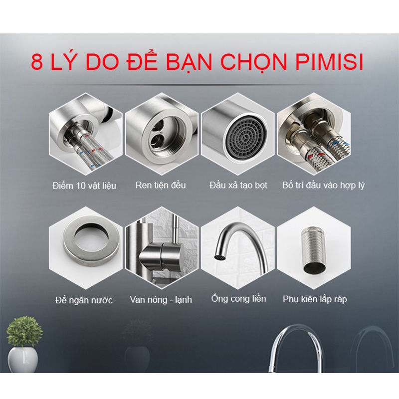 Vòi Rửa Bát Nóng Lạnh Inox 304 Pimisi Cho Chậu Rửa Chén Bát 2-3 Ngăn Trong Nhà Bếp, Quay 360 Độ + 2 Dây Nước| Chính Hãng