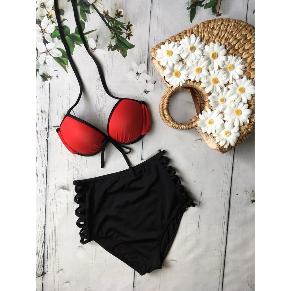 Bikini 2 mảnh quần cạp cao. Hai màu vàng &amp; đỏ.