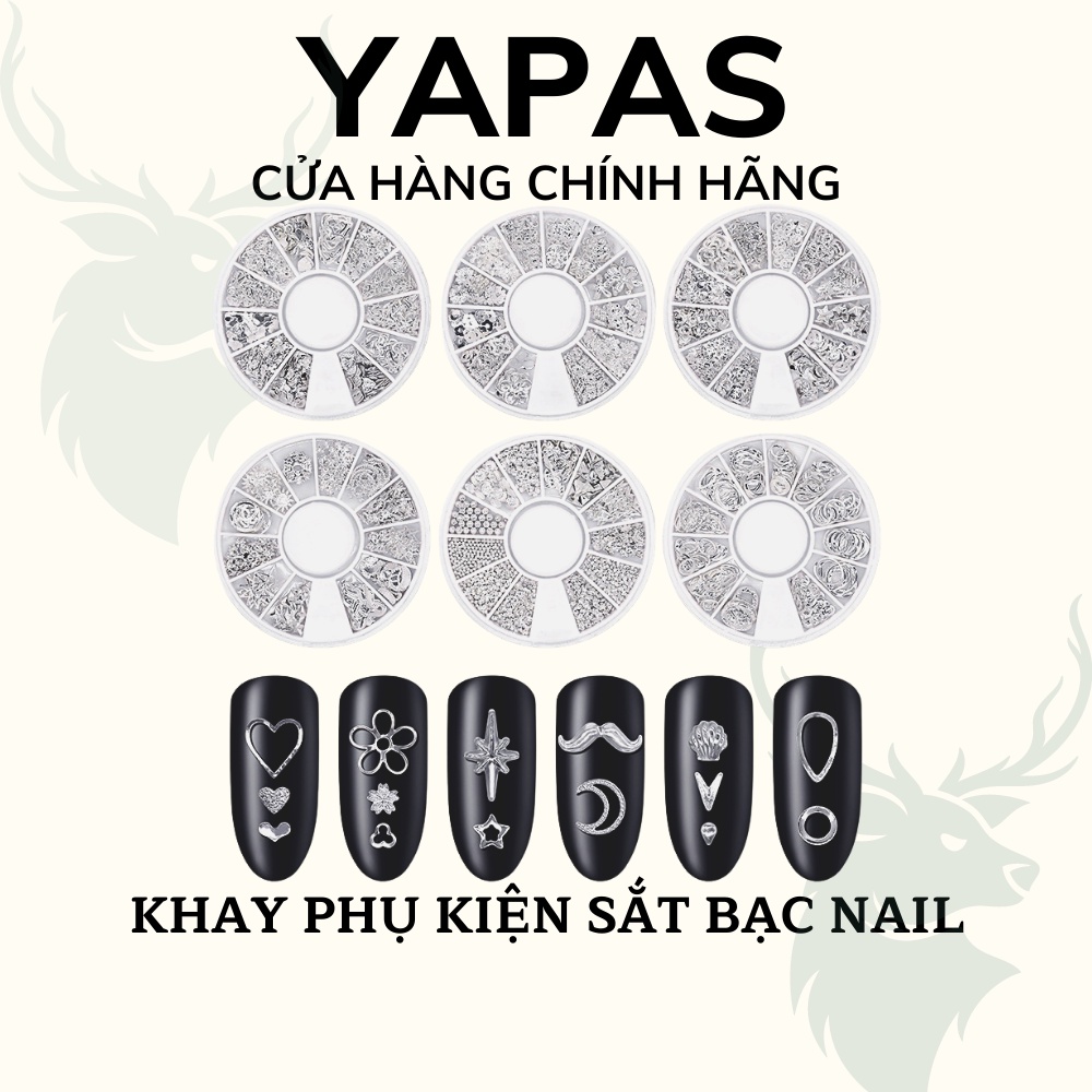 Charm nail phụ kiện sắt bạc mix hình Yapas x Pinpai , Sticker sắt mạ bạc hoa trái tim vòng trang trí móng tay