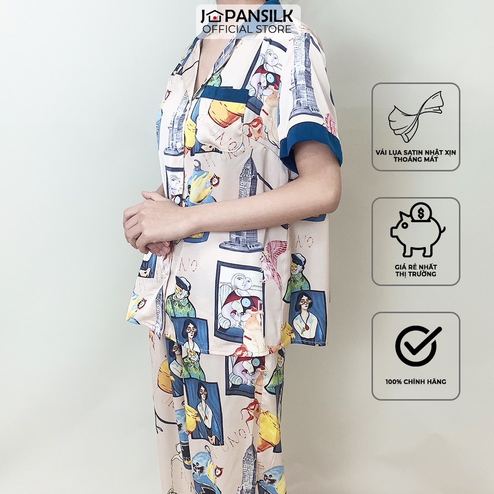 Đồ Ngủ Lụa Satin Nhật Pijama Ngắn Tay Họa tiết Cành Hồng Đá Vintage Trang Nhã JAPAN SILK Chính Hãng