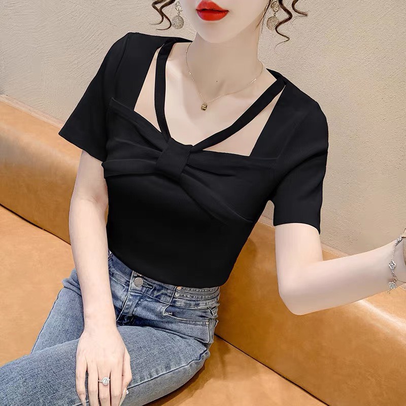 Áo Len Kiểu Ôm Body Tay Ngắn Có Dây Nơ Ngực Sọc Và Trơn Nữ Tính | Smide Clothing