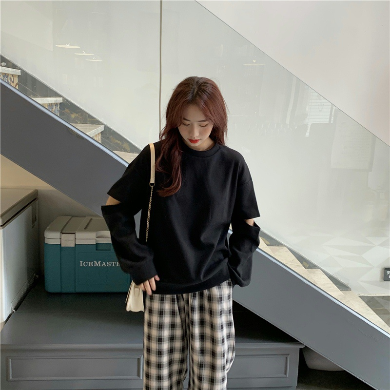 SUXI Áo Sweater Tay Dài Cổ Tròn Dáng Rộng Thiết Kế Rách Thời Trang Xuân Thu Cho Nữ