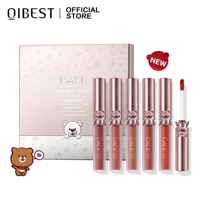 QIBEST X Little Bear Velvet Lip Glaze 5 pcs/1.5g Gift Set Matte Mud Lipstick Lips Tint Waterproof Long Lasting High Pigmented