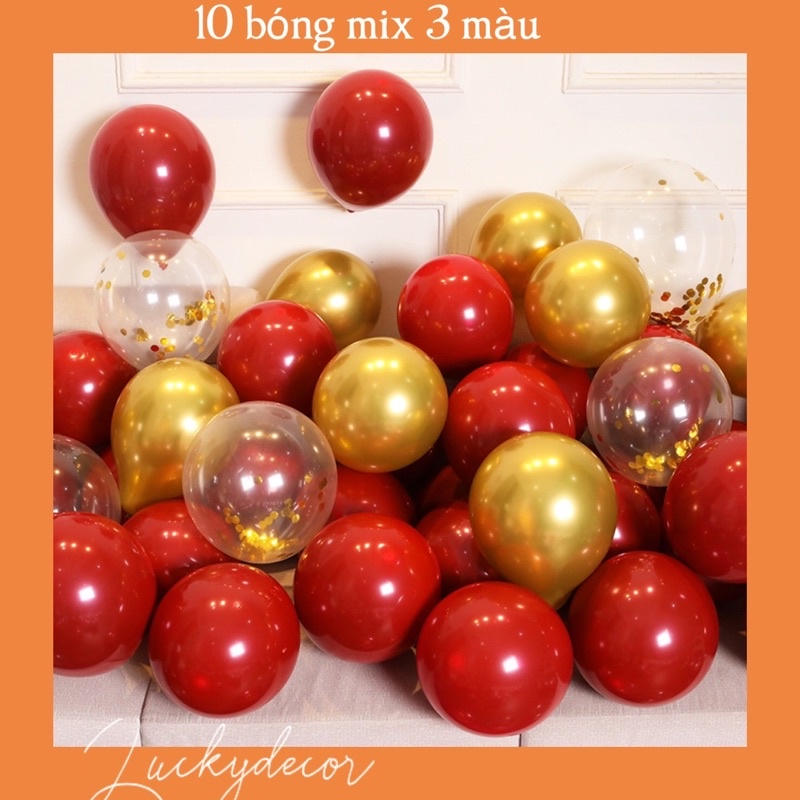 Combo 10 bóng bay mix màu đỏ đậm, vàng siêu nhũ, trong thả hạt vàng HH00
