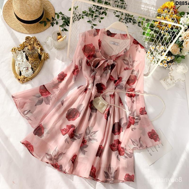 Đầm Tay Loe Phối Bèo Họa Tiết Hoa Hồng Xinh Xắn Ngọt Ngào Cho Nữ | BigBuy360 - bigbuy360.vn