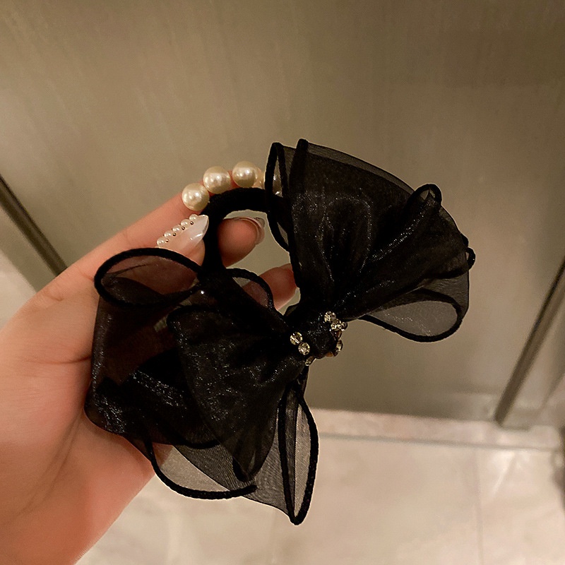 Dây Buộc Tóc Cao Su Co Giãn Đính Nơ Ren Và Ngọc Trai Thời Trang Hàn Quốc