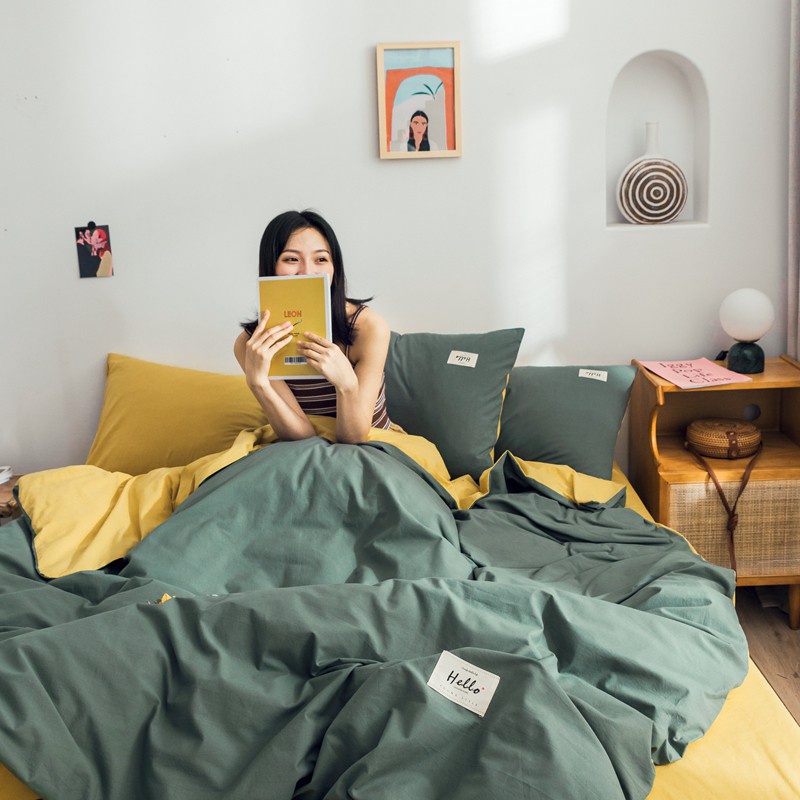 BỘ CHĂN GA GỐI COTTON TICI CAO CẤP ( CHĂN ĐÃ TRẦN BÔNG) MÀU XANH RÊU VÀNG - ĐỦ KÍCH THƯỚC