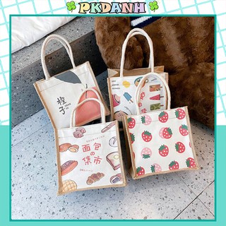 Túi cói vải mini họa tiết siêu xinh, túi xách tote canvas mẫu mới