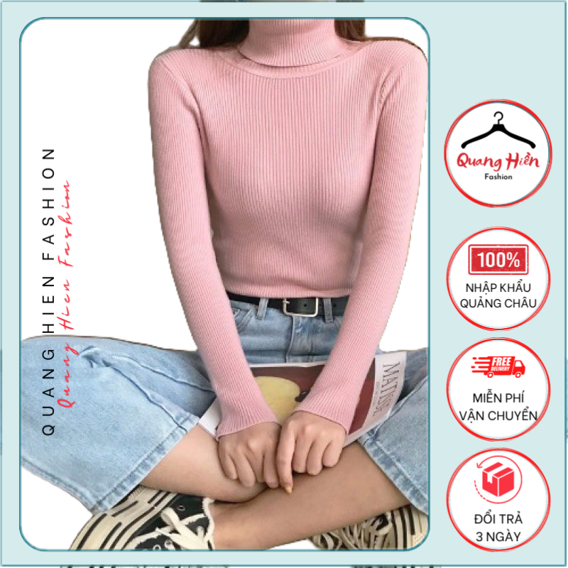 Áo len tăm nữ cổ lọ Quảng Châu Áo len gân cao cổ lọ freesize MS005