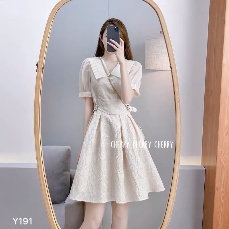 Váy tiểu thư gấm xòe xếp ly trẻ trung hàn quốc