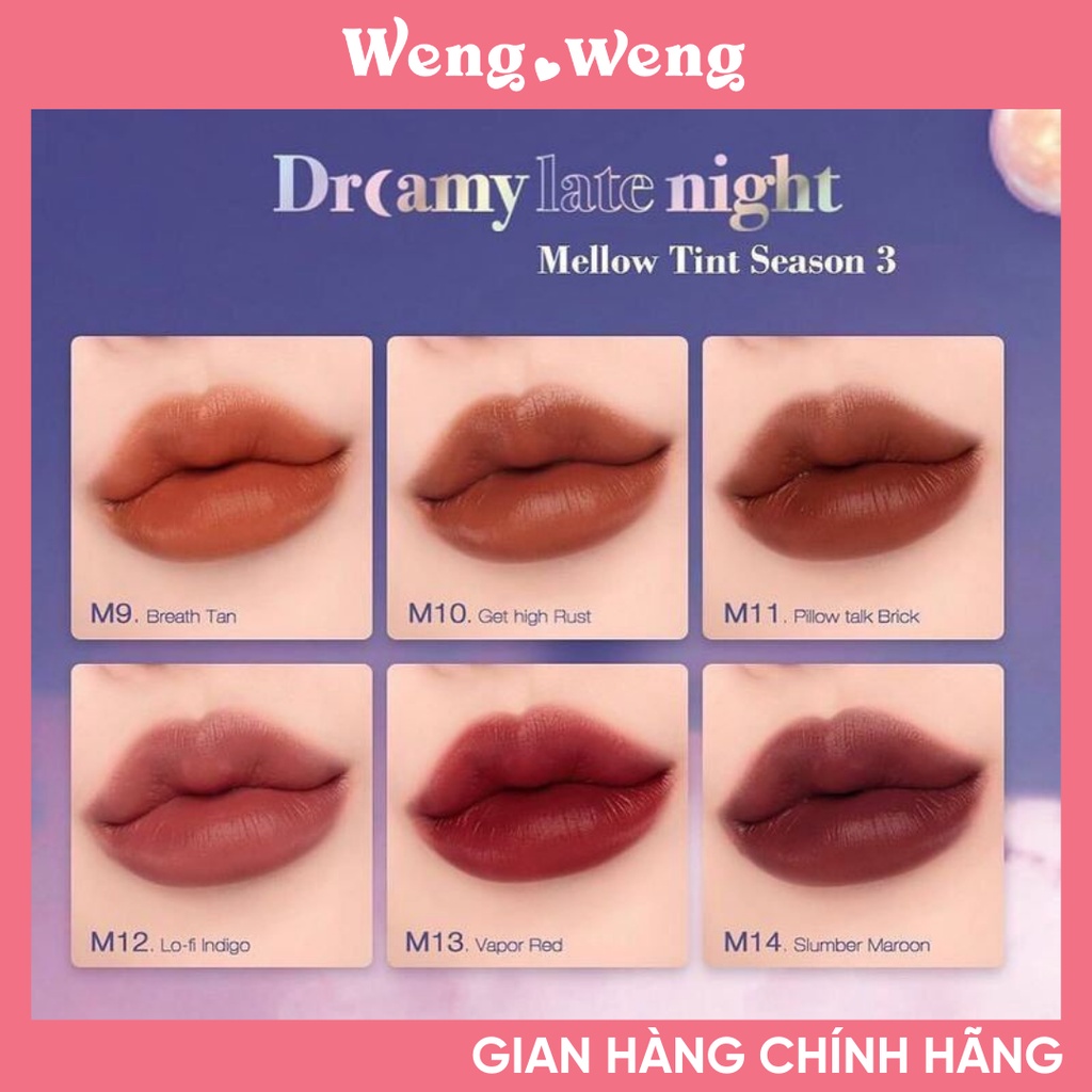 (Sẵn màu mới M15-M16-M17) Son Kem Lì Merzy Dreamy Late Night Mellow Tint - Phiên bản A Late Night Mood