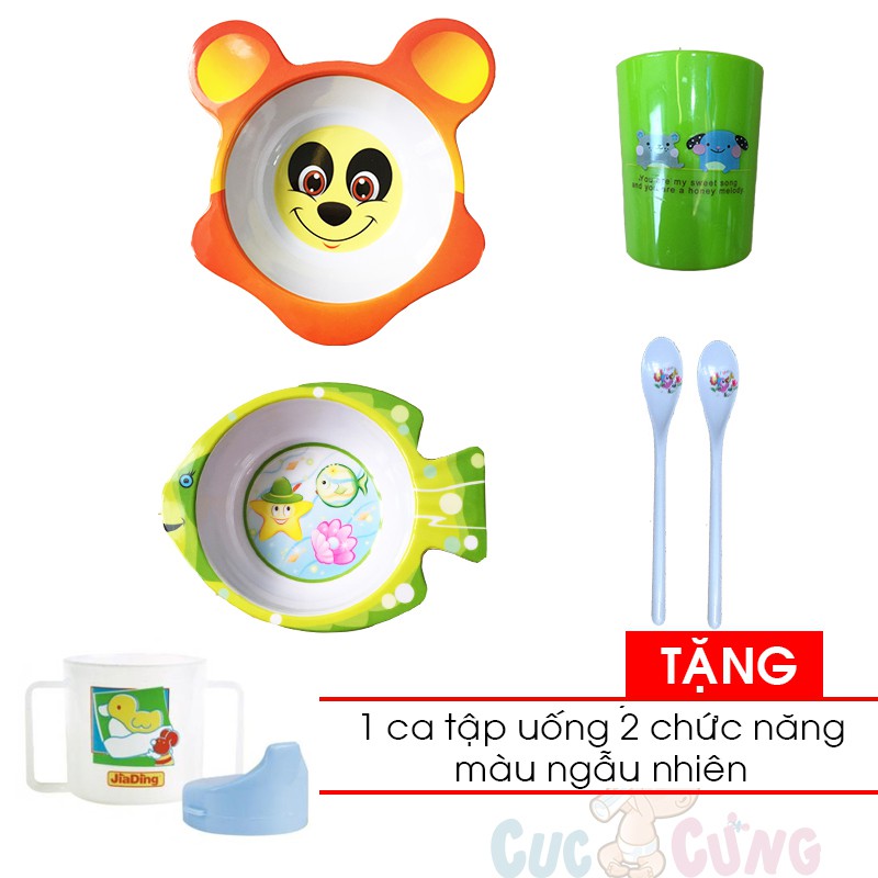 Bộ chén ăn hình gấu + Tô trẻ em in hình kiểu con cá + ly uống nước in hình + muỗng cán dài Tặng ca tập uống 2 chức