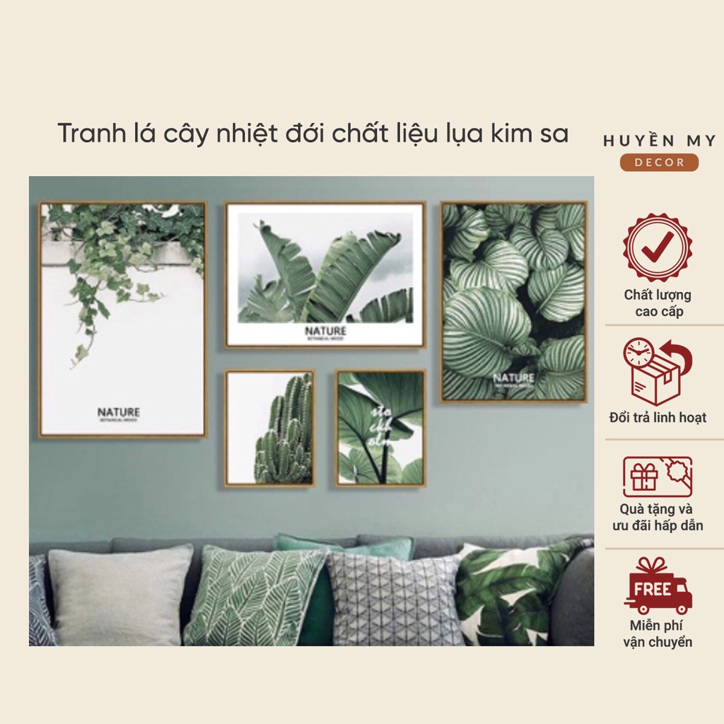 Tranh lá cây nhiệt đới in UV chất liệu lụa kim sa giá gốc tận xưởng