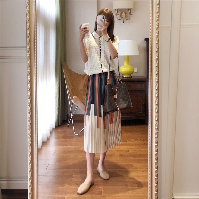 Chân Váy Dập Ly Dài Kẻ Sọc Phối 2 Màu Hài Hòa Tôn Dáng | Bé Tiu Clothing