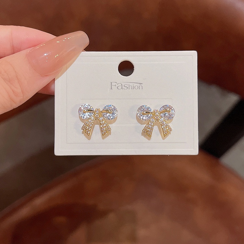 Bông Tai Mạ Bạc 925 Hình Nơ Đính Đá Zircon Siêu Dễ Thương
