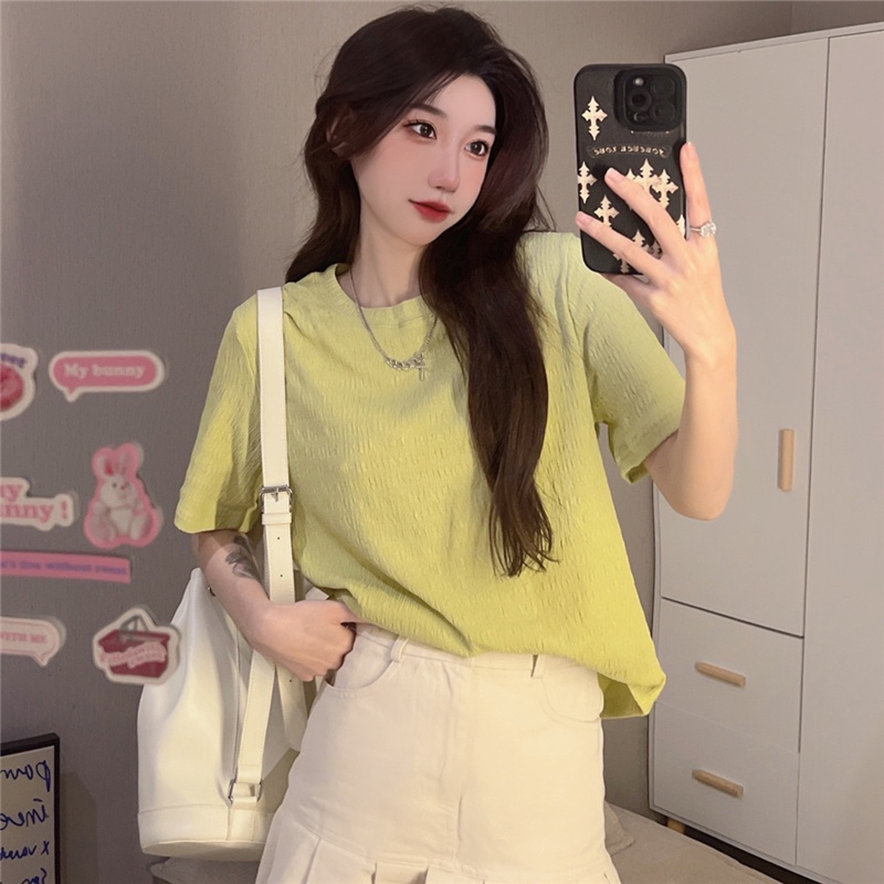 Áo thun SUXI cổ tròn ngắn tay màu trơn đơn giản cho nữ