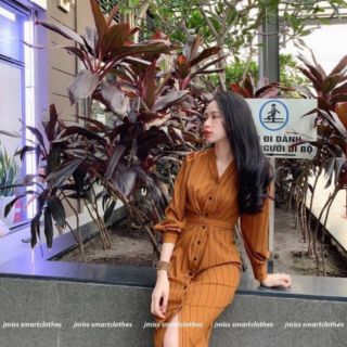 Đầm suông sơ mi sọc vàng nâu cột nơ eo