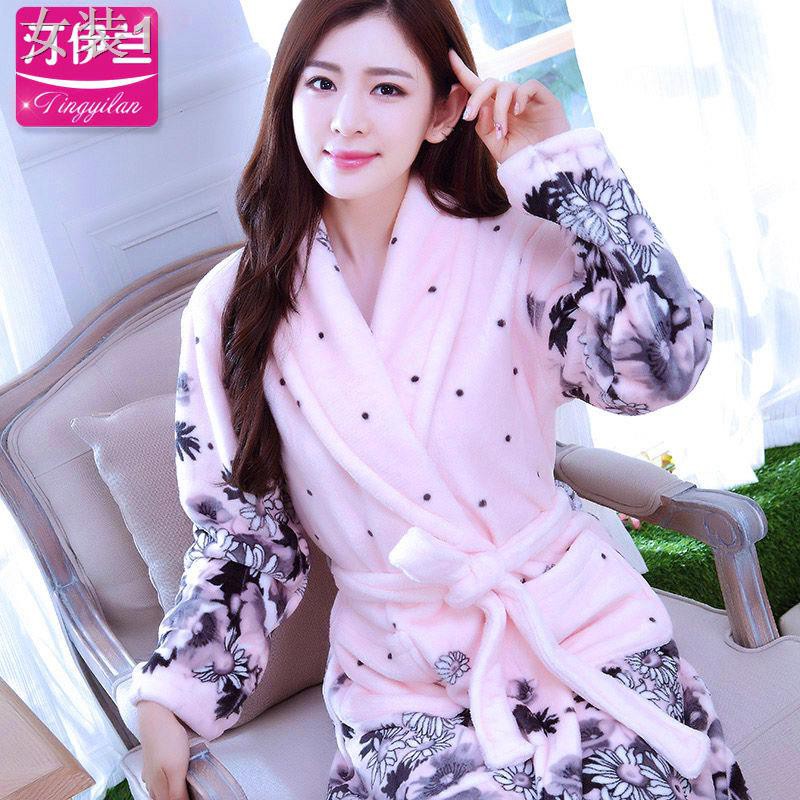Váy ngủ phụ nữ mùa đông vải nỉ dày dặn xuân và thu bộ đồ pijama dễ thương áo choàng tắm dài tay Phiên bản Hàn | BigBuy360 - bigbuy360.vn