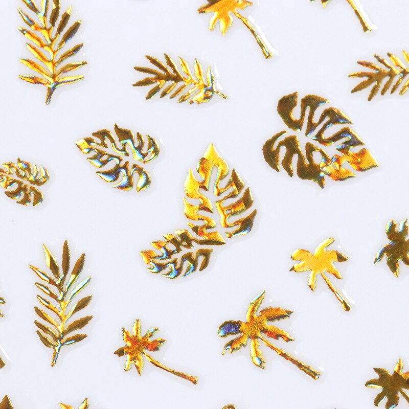 1 Sheet Gold Silver 3D Nail Sticker Leaf Coconut Tree Holographic Shiny DIY Nail Art Adhesive Transfer Sticker Decors