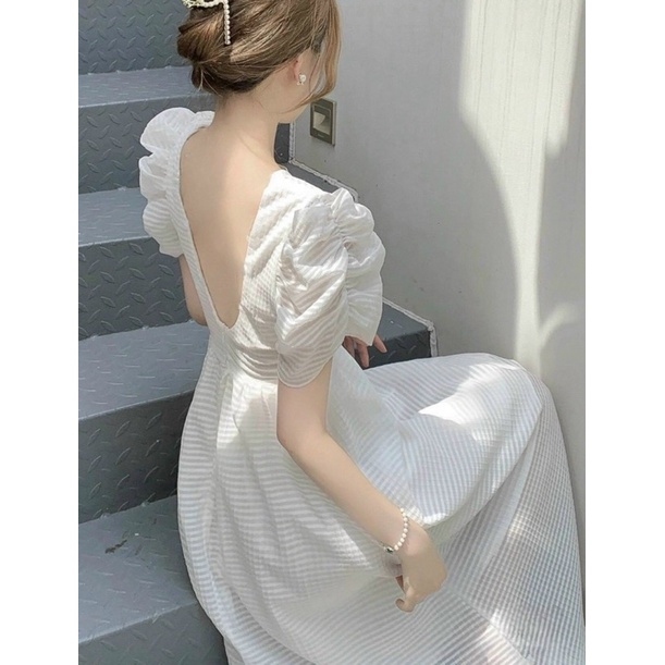 ĐẦM TRẮNG VOAN REN BI CỔ VUÔNG TAY NGẮN