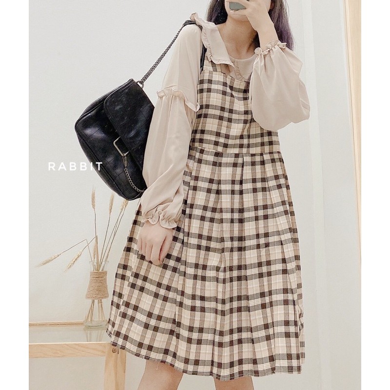 Váy Yếm Kẻ Caro Kèm Áo Cổ Bèo Tay Bồng Kiểu Dáng Thời Trang SYK | BigBuy360 - bigbuy360.vn