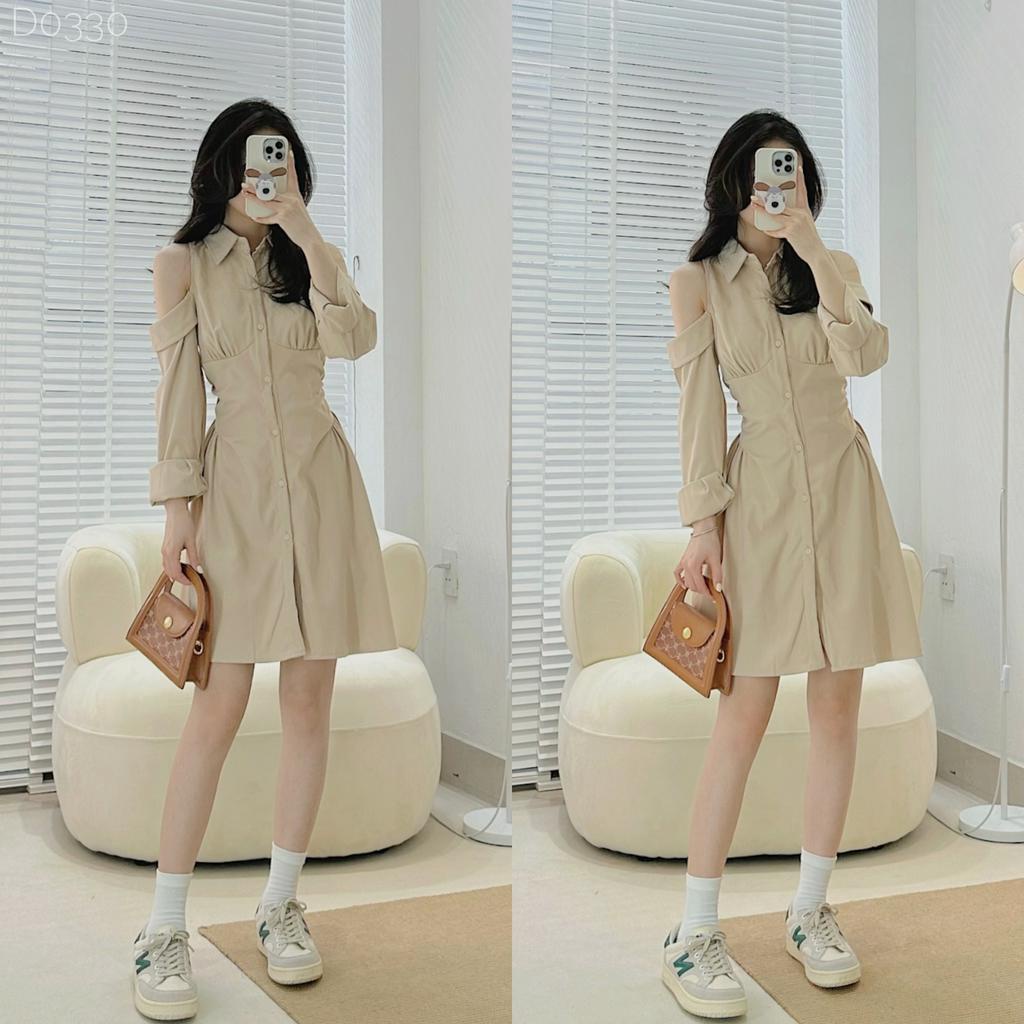 [D0330] Đầm thô 2 da trơn khoét vai nhún ngực eo form ôm xòe (Ảnh thật/ có sẵn)