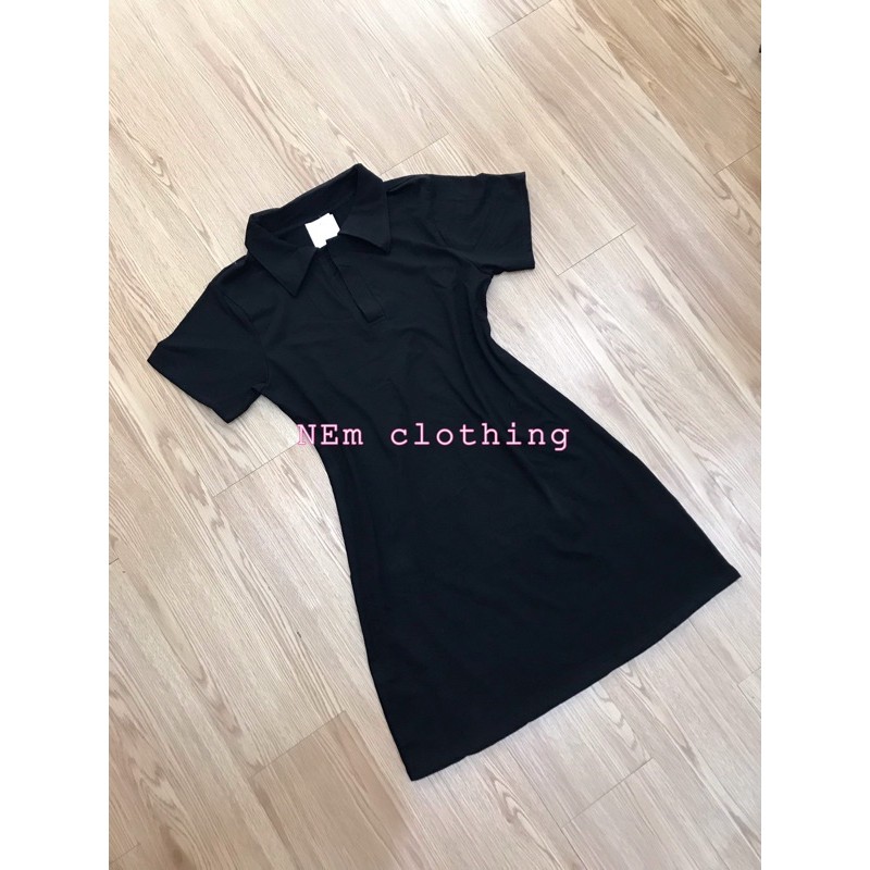 Váy Polo Cộc Tay Khuy Đồng Basic Nữ  - NEm.Clothing Nữ [FREESHIP] - Đầm midi form rộng dáng dài tay lỡ cổ bẻ màu đen