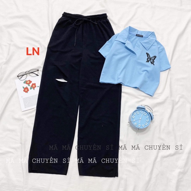 Set áo thun croptop polo cổ bẻ logo bướm + quần ống rộng rách gối