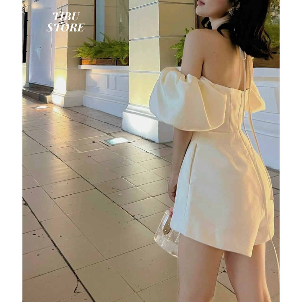 Set áo trễ vai tay phồng TIBU, Quần giả váy hở vai nữ đẹp cổ yếm dễ thương hai màu đen trắng mặc đi chơi, siêu hot trend