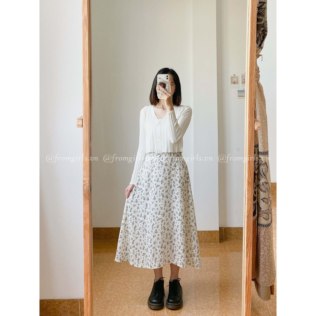 Chân váy hoa nhí, chân váy midi hoa cỏ cạp chun sau vintage - CV07FG BROWN