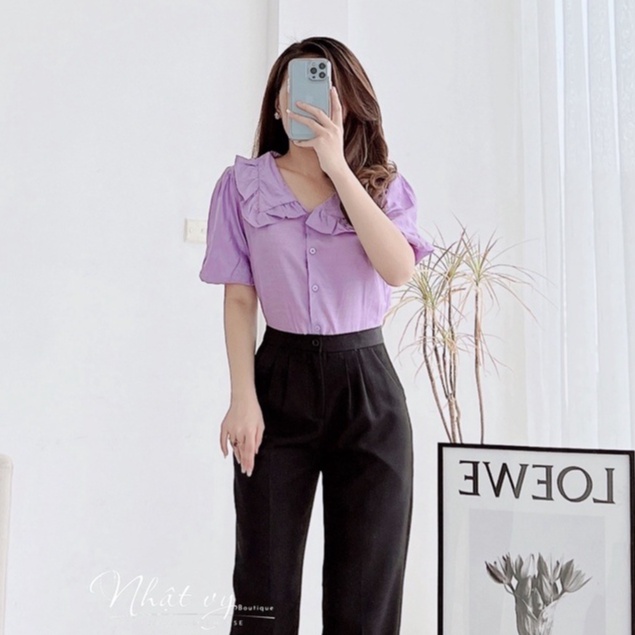 Áo sơ mi công sở Nhật Vy tay bí cổ phối viền bèo chất vải tơ xước phù hợp dạo phố, đi chơi, cafe nhẹ nhàng - D2510