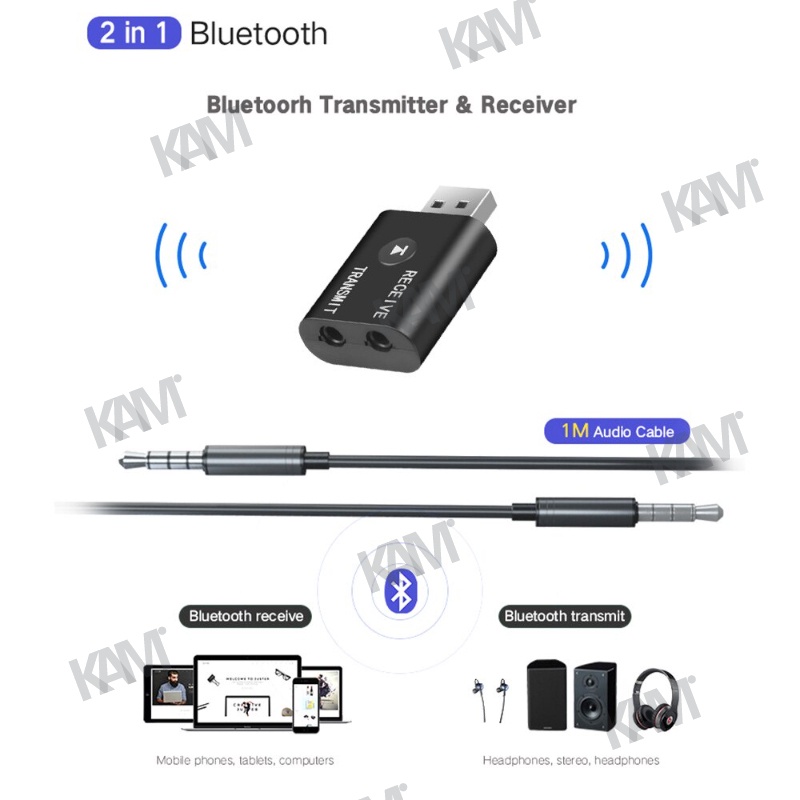 Usb Bluetooth 5.0 Mini 2 Trong 1 Với Cáp 3.5mm Cho Xe Hơi / Máy Tính / TV / Laptop