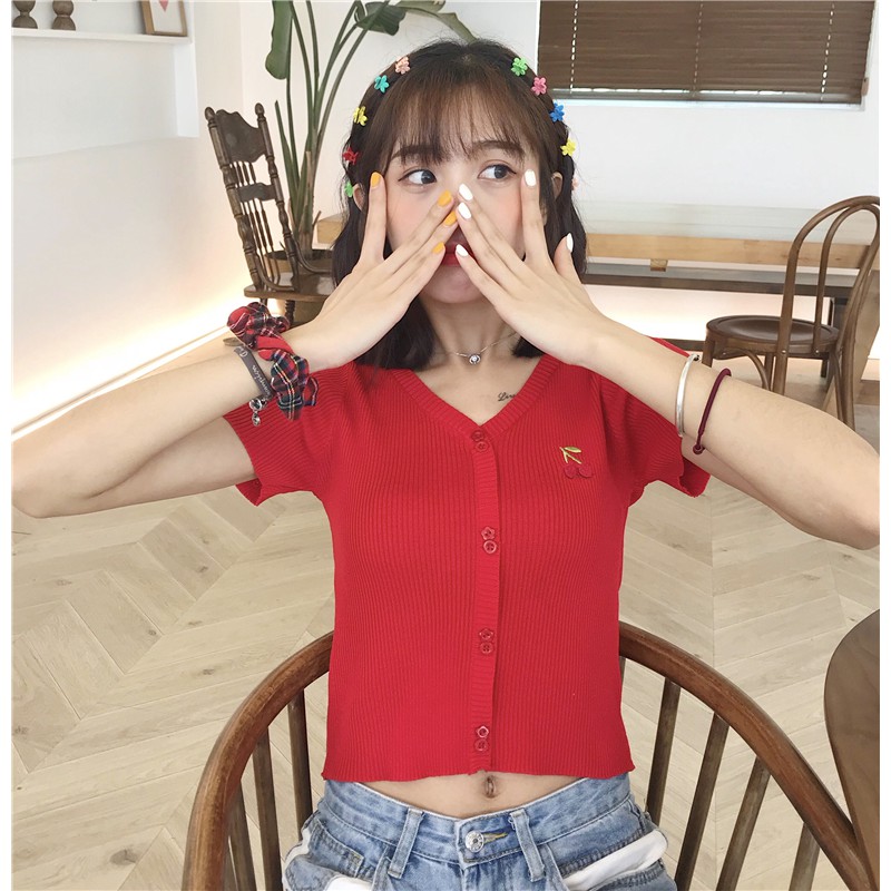 Áo Dệt Kim Ngắn Tay Cổ Chữ V Thêu Họa Tiết Xinh Xắn Dành Cho Nữ