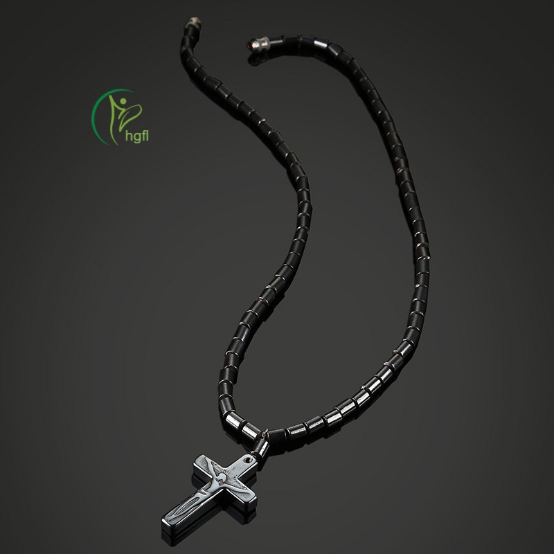 Dây chuyền đá Hematite nam châm mặt hình thánh giá thời trang cho nam nữ