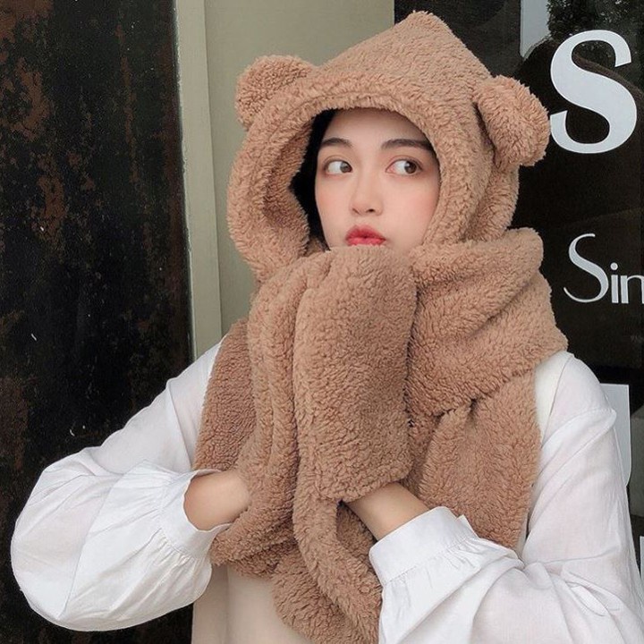 Mũ lông cừu tai gấu kèm khăn quàng cổ và bao tay 3 in 1 ấm áp mềm mại