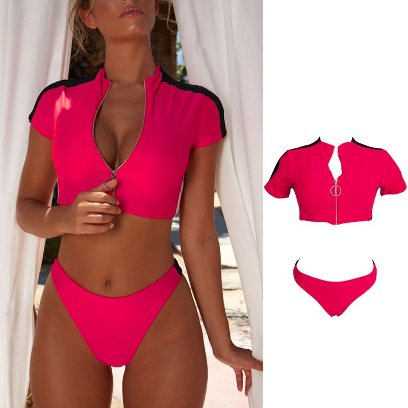 Bộ Bikini Hai Mảnh Tay Ngắn Có Khóa Kéo Họa Tiết Sọc Thời Trang Quyến Rũ Cho Nữ