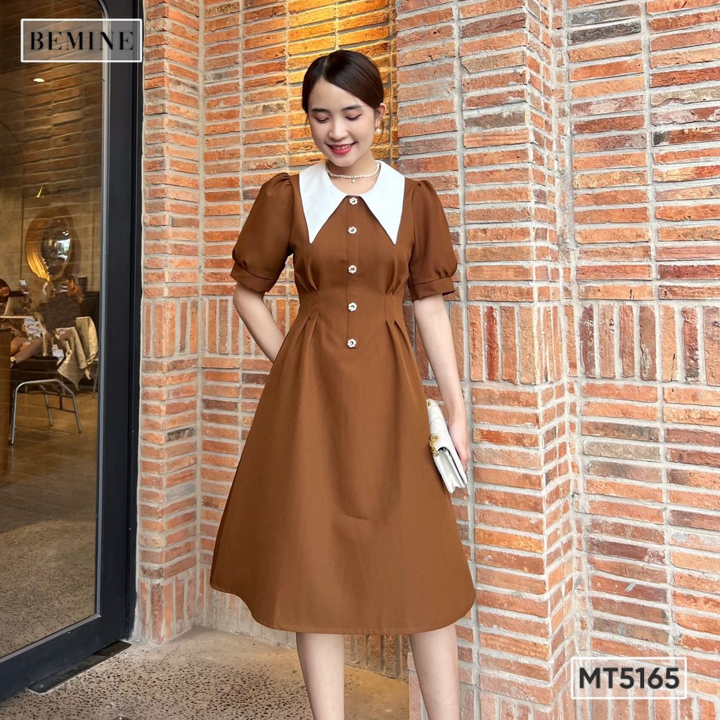Đầm sơ mi cổ nhọn tùng ly BEMINE MT5165NAU