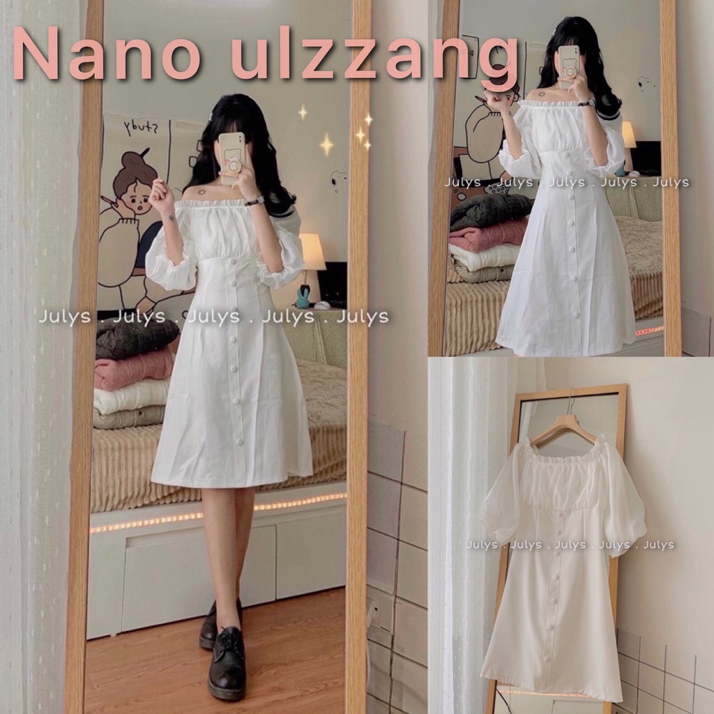 VÁY TRẮNG RÚM NGỰC TRỄ VAI TAY BỒNG 👑 Váy Công Chúa Trễ Vai,Tay Bồng Phối Cúc Dọc Chân Váy_Nano Ulzzang