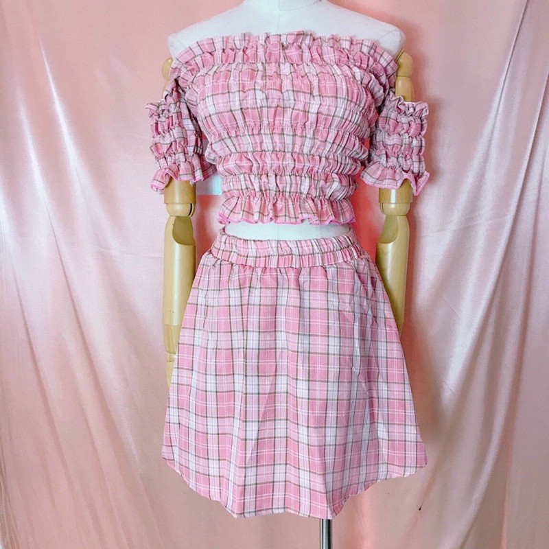 ẢNH THẬT TRẢI SÀN - SET ÁO BẸT VAI NHÚN + CHÂN VÁY CARO HỒNG