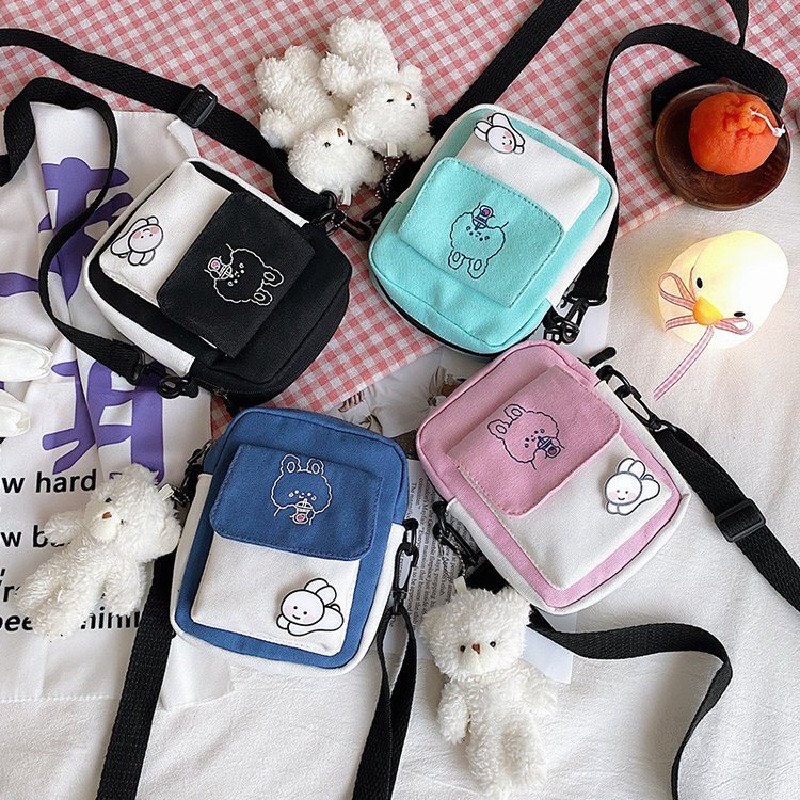 Túi Đeo Chéo Vải Canvas Mini Hình Hộp Thỏ Trà Sữa Kèm Pin Cài [3959]