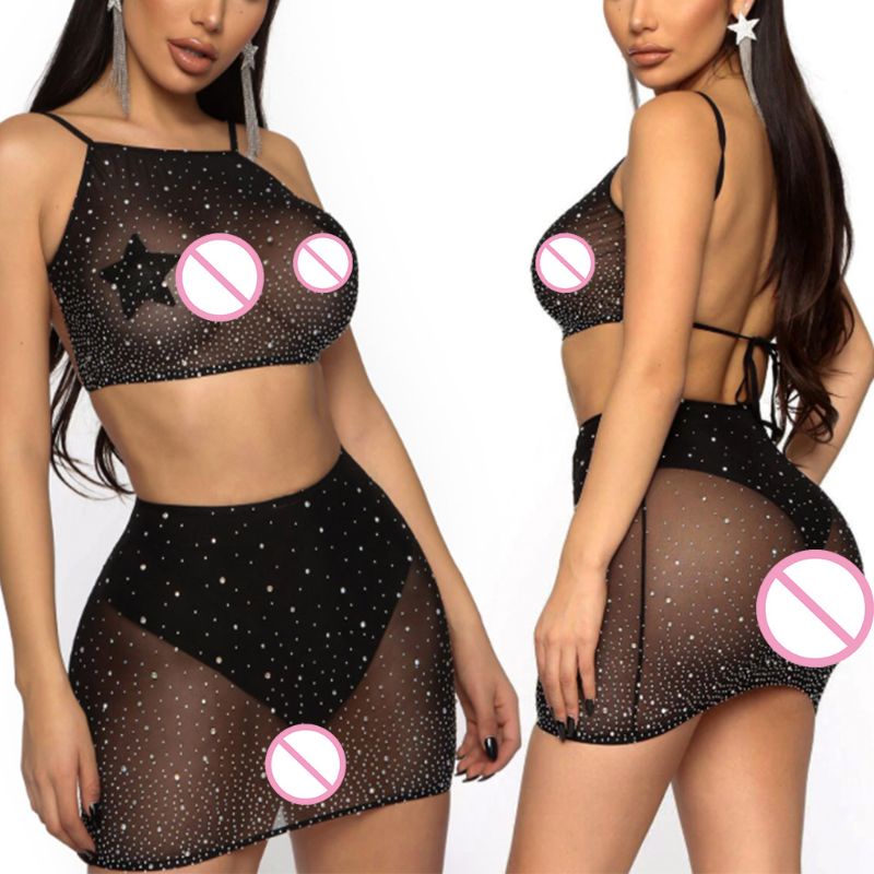 Xixi Set Áo Croptop 2 Dây + Chân Váy Lưới Đính Đá Lấp Lánh Quyến Rũ Cho Nữ