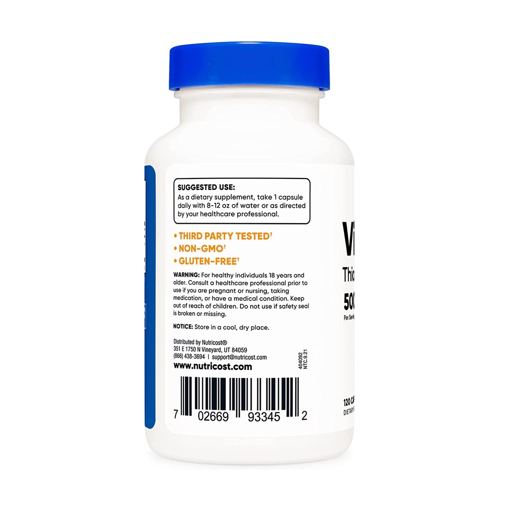 Nutricost Vitamin B1 500mg Thiamine Mononitrate Viên uống hỗ trợ chức năng hệ thần kinh, chuyển hóa năng lượng 120 viên