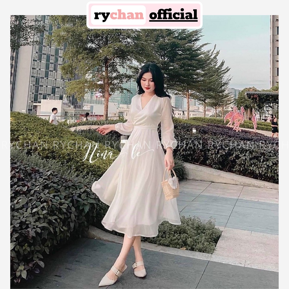 Đầm Xòe Midi Trắng Đắp Tà Cột Eo Dài Tay Lót Trong Dày Dặn [Ảnh Thật Cuối] - DX0041