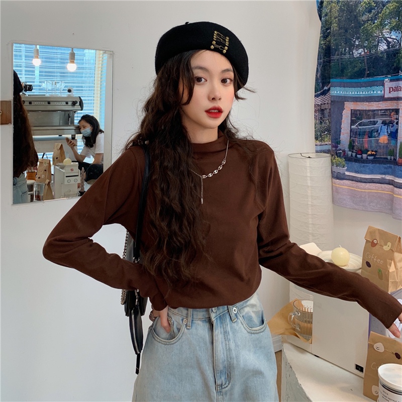 Áo thun tay dài cổ cao thời trang Hàn Quốc dành cho nữ