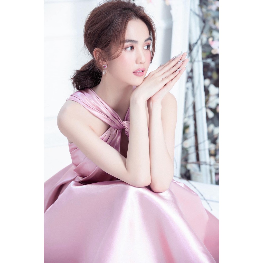 Váy dạ hội xoè cổ yếm xoắn ngực hai dây bảng lưng (HÀNG CAO CẤP)