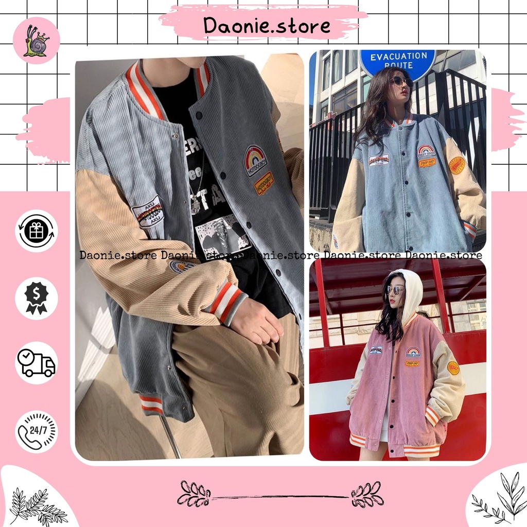 Áo khoác nữ nhung tăm logo cầu vồng tay phối màu ♥ Bomber unisex phong cách Hàn Quốc form rộng trẻ trung ♥