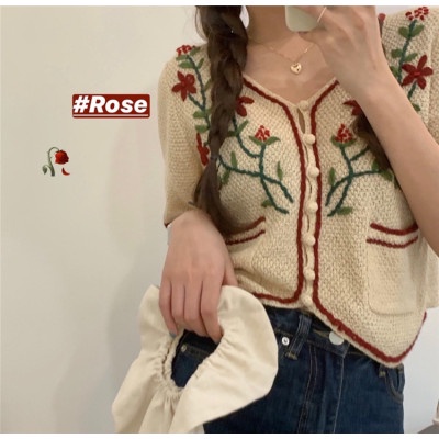 Áo Dệt Kim Ngắn Tay Cổ Chữ V Thêu Hoa Thời Trang Mùa Hè Phong Cách Hàn Quốc Vintage Mới Cho Nữ