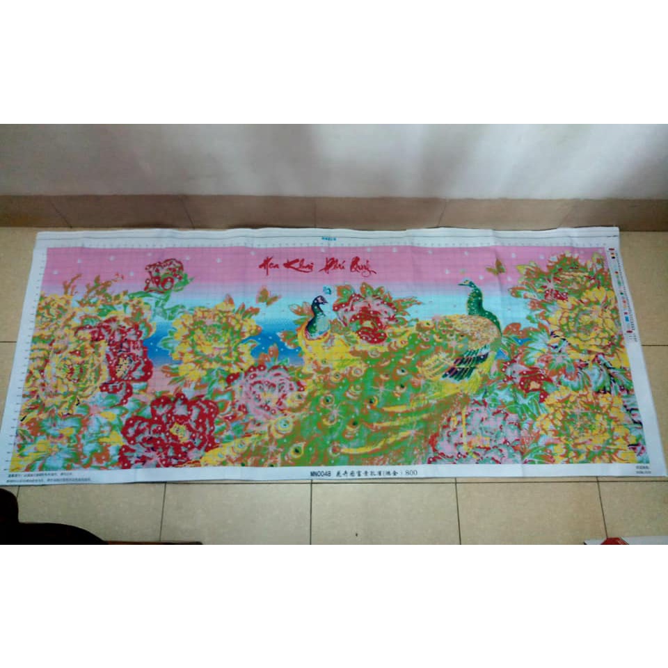 Tranh thêu chữ thập chim công hoa mẫu đơn kt 150x63cm và 195x80cm LOẠI 1